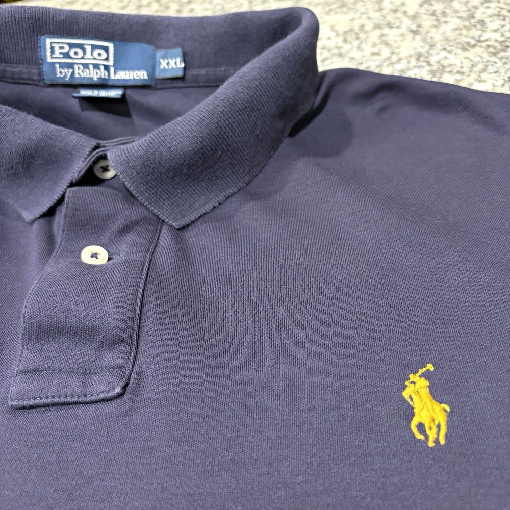 Polo Ralph Lauren Mens Long Sleeve Polo Shirt XXL Navy Blue Yellow Pony Logo